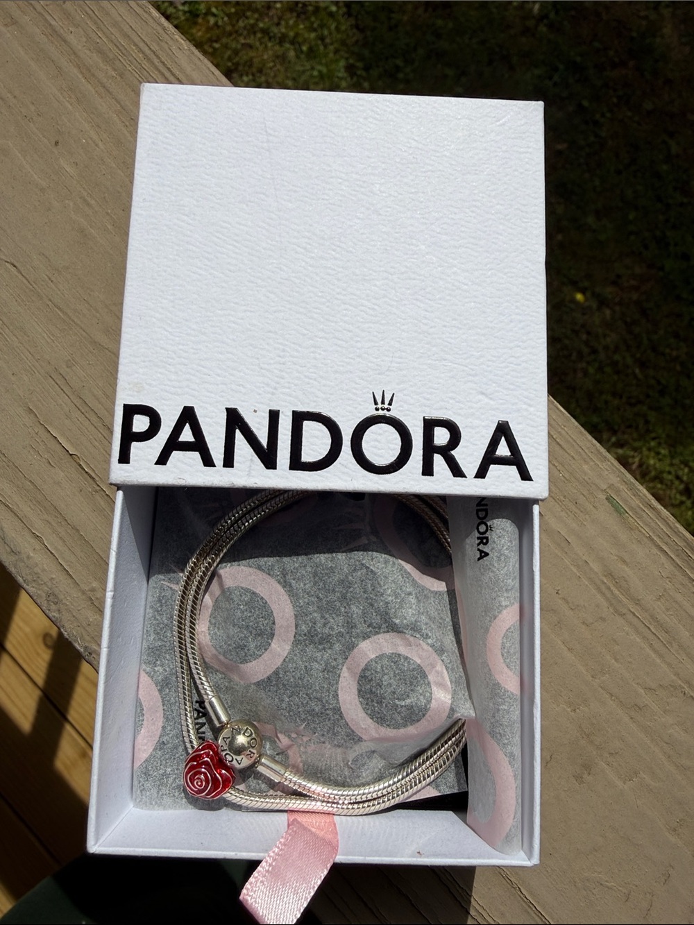 Pandora Silver necklace with Red Rose Charm 18”